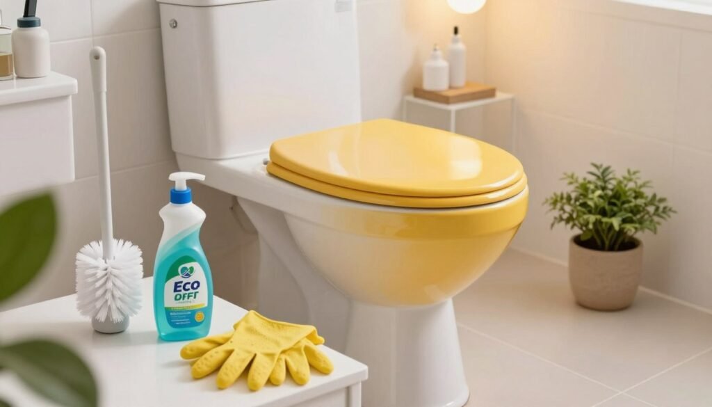 A clean and modern bathroom setting focused on a brightly colored toilet. In the foreground, display essential cleaning supplies such as a toilet brush, eco-friendly cleaning solution, and gloves placed neatly on a countertop. In the middle, highlight the toilet itself, emphasizing its cleanliness and good maintenance. Surrounding the toilet, add elements like a small indoor plant and neatly arranged bathroom accessories to create a fresh atmosphere. In the background, soft lighting casts a warm glow, reflecting a sense of hygiene and care. Capture the scene from a slightly elevated angle to provide a comprehensive view while maintaining a polished, serene mood that embodies essential care and prevention for toilet maintenance.