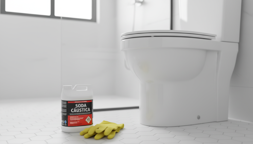 A close-up view of a bathroom scene highlighting a toilet bowl filled with a vibrant green liquid, representing "Diabo Verde," surrounded by a container of caustic soda on a clean, white tiled floor. In the foreground, the caustic soda container features clear labeling, and there are safety gloves nearby, emphasizing the need for care when handling chemicals. The middle ground includes the toilet, which appears pristine and well-maintained, while the background softly blurs out, suggesting a modern bathroom setting. The lighting is bright and clear, simulating natural daylight pouring in from a nearby window, creating a safe and sterile atmosphere. The mood is informative and cautionary, perfect for educating readers about using chemical products responsibly.