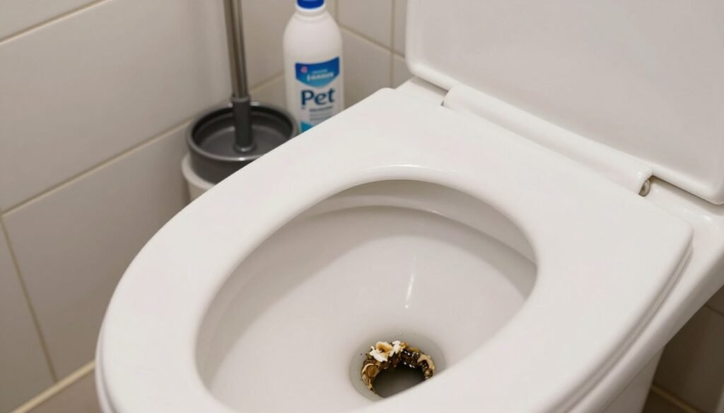 A close-up view of a clogged toilet bowl in a well-lit bathroom, showcasing the blockage with a mixture of waste and toilet paper. In the foreground, the bowl is prominently featured, revealing the severity of the clog, while the middle ground includes a plunger and a partially visible Pet bottle, hinting at a DIY solution. The background shows tiled walls and a modern sink, creating a clean and organized atmosphere despite the issue at hand. Soft overhead lighting casts gentle shadows, emphasizing the textures and details of the bathroom setting. The overall mood is practical and instructional, aiming to highlight the common problem of frequent toilet clogs in a relatable manner.