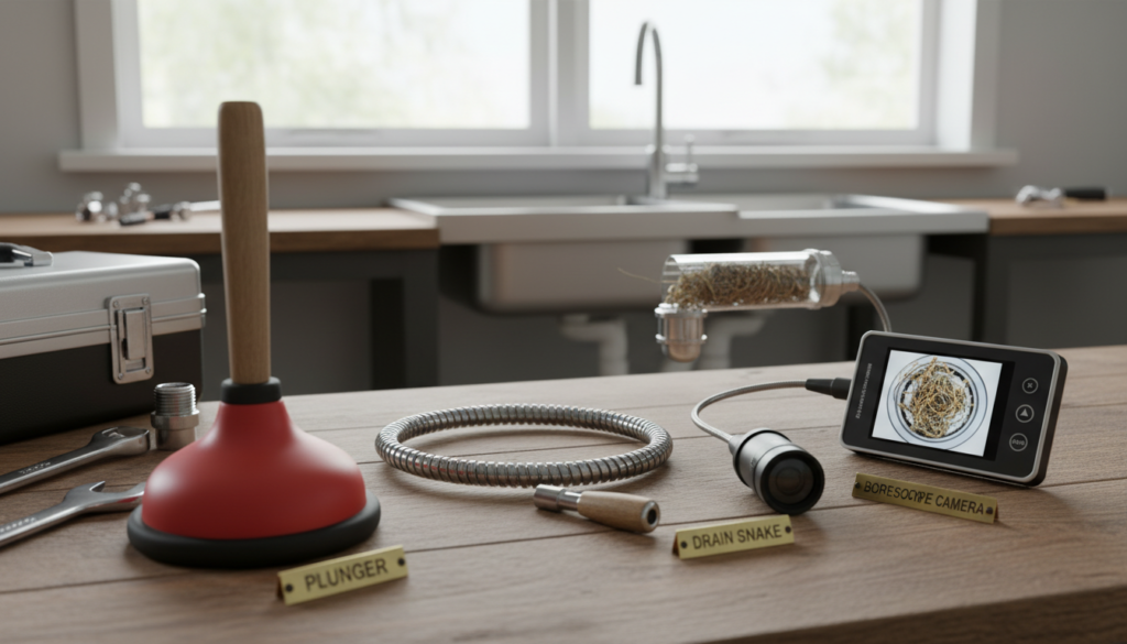A close-up view of various mechanical methods for unclogging a kitchen sink, displayed on a wooden workbench. The foreground features a plunger, a drain snake, and a borescope tool, arranged neatly with labels for each tool. In the middle, a partially disassembled sink showcases its interior plumbing, highlighting a blockage. The background includes soft natural light filtering through a window, illuminating the scene. A toolbox is visible on the side, suggesting practicality and readiness. The mood is solution-oriented, emphasizing efficiency and professionalism. The angle is slightly tilted for a dynamic perspective, creating depth while maintaining focus on the tools. No human figures are present in the image. A close-up view of various mechanical methods for unclogging a kitchen sink, displayed on a wooden workbench. The foreground features a plunger, a drain snake, and a borescope tool, arranged neatly with labels for each tool. In the middle, a partially disassembled sink showcases its interior plumbing, highlighting a blockage. The background includes soft natural light filtering through a window, illuminating the scene. A toolbox is visible on the side, suggesting practicality and readiness. The mood is solution-oriented, emphasizing efficiency and professionalism. The angle is slightly tilted for a dynamic perspective, creating depth while maintaining focus on the tools. No human figures are present in the image.