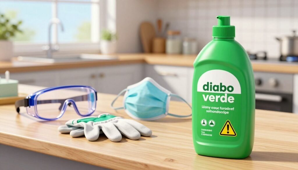 A detailed and vibrant depiction of "diabo verde" (green devil) safety product on a sanitized, well-organized workbench. In the foreground, a close-up view of the bright green bottle with a sleek design, clearly labeled with safety symbols and caution signs. In the middle ground, various essential safety equipment is visible, such as goggles, gloves, and a mask, arranged neatly to emphasize safety in chemical handling. The background shows a softly focused kitchen environment, well-lit with natural daylight streaming in through a window, enhancing the overall brightness and cleanliness of the scene. The atmosphere conveys a sense of safety and professionalism, suitable for a plumbing-related task. No human characters are present. A detailed and vibrant depiction of "diabo verde" (green devil) safety product on a sanitized, well-organized workbench. In the foreground, a close-up view of the bright green bottle with a sleek design, clearly labeled with safety symbols and caution signs. In the middle ground, various essential safety equipment is visible, such as goggles, gloves, and a mask, arranged neatly to emphasize safety in chemical handling. The background shows a softly focused kitchen environment, well-lit with natural daylight streaming in through a window, enhancing the overall brightness and cleanliness of the scene. The atmosphere conveys a sense of safety and professionalism, suitable for a plumbing-related task. No human characters are present.