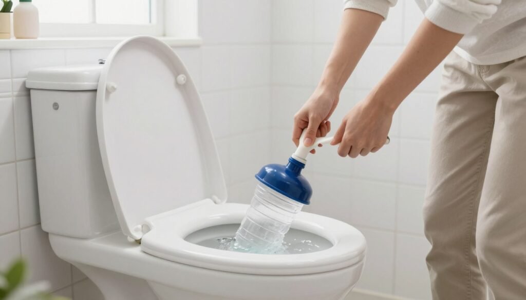 A person wearing modest casual clothing, skillfully using a plastic bottle as a makeshift plunger to unclog a toilet in a clean, well-lit bathroom. In the foreground, the plastic bottle is prominently featured, showcasing its innovative use. The middle ground depicts the toilet, with water swirling and signs of blockage, conveying the urgency of the task. The background features soft, natural lighting streaming through a window, illuminating white tiles and simple bathroom accessories, creating an inviting atmosphere. The scene should have a practical, instructional vibe, emphasizing the DIY approach to solving household plumbing issues without any distractions or clutter.