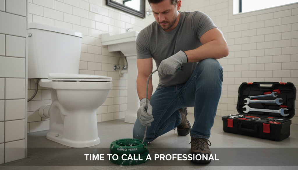 A professional-looking plumber in modest casual clothing is kneeling beside a toilet, actively using a green plumber's snake, known as "diabo verde," to clear a clogged toilet. The foreground focuses on the plumber's hands gripping the tool, showcasing a determined expression as they work diligently. The middle ground features a well-maintained bathroom with clean tiles and a bright, modern design. In the background, a subtle hint of a plumbing tools kit can be seen, indicating preparedness for the task. Soft, natural lighting bathes the scene, enhancing the sense of urgency and professionalism. The atmosphere conveys a sense of problem-solving and relief, emphasizing that it’s time to call a professional if the situation does not improve.