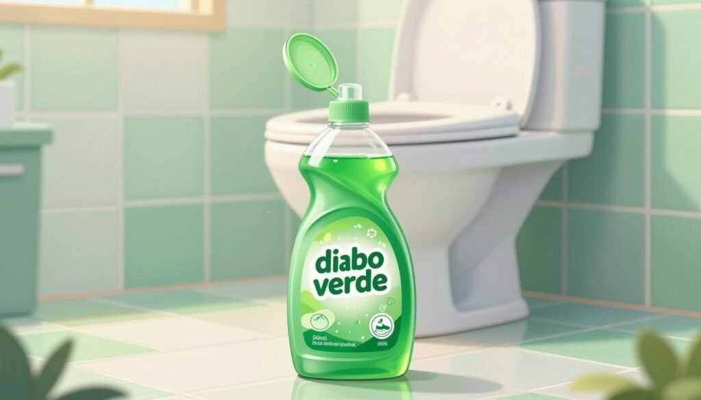 A vibrant, detailed illustration of "diabo verde" - a bright green, potent cleaning substance in a clear, ergonomic bottle. In the foreground, the bottle is centrally positioned, with its cap open, revealing a practical nozzle. The middle layer shows a bathroom setting, with a prominently features a somewhat clogged toilet bowl, partially filled with water. Lighter shades of green and white tiles reflect a clean ambiance. The background showcases a soft glow from overhead lighting, enhancing the cleanliness of the scene. The atmosphere is practical and reassuring, inviting readers to understand the safe use of this unique product. The composition is shot from a slight angle, providing depth, with a focus on the interaction between the bottle and the toilet, showcasing an instructional yet calming environment. A vibrant, detailed illustration of "diabo verde" - a bright green, potent cleaning substance in a clear, ergonomic bottle. In the foreground, the bottle is centrally positioned, with its cap open, revealing a practical nozzle. The middle layer shows a bathroom setting, with a prominently features a somewhat clogged toilet bowl, partially filled with water. Lighter shades of green and white tiles reflect a clean ambiance. The background showcases a soft glow from overhead lighting, enhancing the cleanliness of the scene. The atmosphere is practical and reassuring, inviting readers to understand the safe use of this unique product. The composition is shot from a slight angle, providing depth, with a focus on the interaction between the bottle and the toilet, showcasing an instructional yet calming environment.
