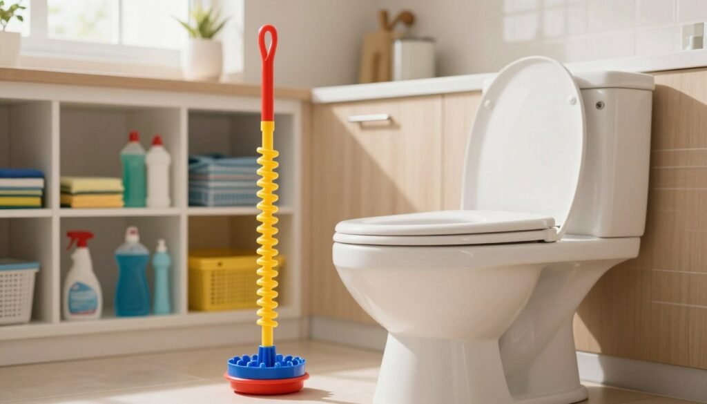 A vibrant kitchen scene featuring a plastic toilet auger designed for unclogging toilets, prominently displayed in the foreground. The auger, brightly colored with a flexible, spiraled end, is placed next to a conventional toilet, which is seen from a slightly elevated angle, allowing for a clear view of both the toilet and the auger. In the background, a well-organized cleaning cabinet filled with various household cleaning products can be seen, softly illuminated by warm, natural light coming through a window. The atmosphere is clean and inviting, emphasizing practicality and home maintenance. No people are present in the image, ensuring a focus on the tools.