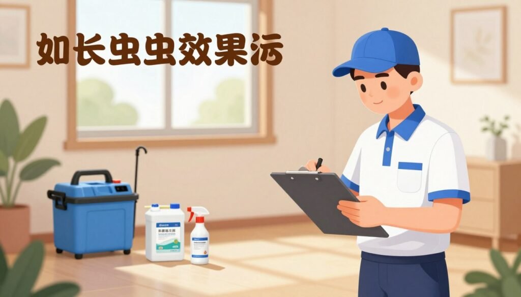 A clean and organized indoor setting, showcasing a freshly treated room after pest control treatment. In the foreground, a professional pest control technician, dressed in a neat uniform, examines a treatment area with a clipboard in hand, showing a sense of diligence and expertise. In the middle ground, pest control equipment and materials are neatly arranged, emphasizing the ongoing process of pest management. The background features a sunlit window, where natural light floods the room, depicting a serene atmosphere. Soft, warm lighting enhances the feeling of cleanliness and safety. The overall mood conveys reassurance and professionalism, reflecting the efficacy and longevity of pest control treatment, in line with the topic of how long the effects last. A clean and organized indoor setting, showcasing a freshly treated room after pest control treatment. In the foreground, a professional pest control technician, dressed in a neat uniform, examines a treatment area with a clipboard in hand, showing a sense of diligence and expertise. In the middle ground, pest control equipment and materials are neatly arranged, emphasizing the ongoing process of pest management. The background features a sunlit window, where natural light floods the room, depicting a serene atmosphere. Soft, warm lighting enhances the feeling of cleanliness and safety. The overall mood conveys reassurance and professionalism, reflecting the efficacy and longevity of pest control treatment, in line with the topic of how long the effects last.