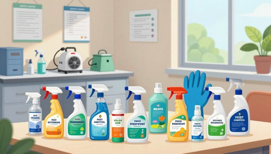 A clean, organized space showcasing a variety of pest control products used in extermination. In the foreground, display a range of spray bottles with vibrant labels, labeled as insecticides, rodenticides, and natural pest repellents. In the middle ground, include tools like a fogger, bait stations, and protective gear such as gloves and masks, arranged neatly. In the background, depict a well-lit laboratory or workspace featuring a safety data sheet and plants to represent the effects of these products on the environment. Natural daylight streams through a window, casting soft shadows, creating a calm yet informative atmosphere. The overall mood reflects professionalism and safety in pest control practices, emphasizing the effectiveness of these products. A clean, organized space showcasing a variety of pest control products used in extermination. In the foreground, display a range of spray bottles with vibrant labels, labeled as insecticides, rodenticides, and natural pest repellents. In the middle ground, include tools like a fogger, bait stations, and protective gear such as gloves and masks, arranged neatly. In the background, depict a well-lit laboratory or workspace featuring a safety data sheet and plants to represent the effects of these products on the environment. Natural daylight streams through a window, casting soft shadows, creating a calm yet informative atmosphere. The overall mood reflects professionalism and safety in pest control practices, emphasizing the effectiveness of these products.