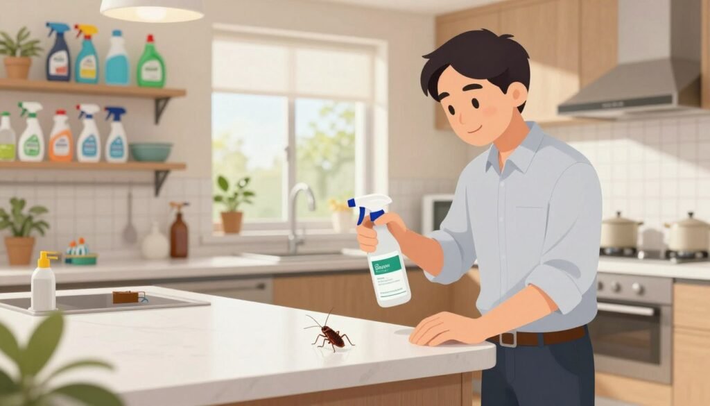 A clean, well-lit kitchen with a focus on effective and safe pest control methods for eliminating cockroaches. In the foreground, a professional pest control expert, dressed in smart casual attire, is carefully applying a natural spray solution on the kitchen counter. Behind them, shelves filled with household cleaning products and eco-friendly pest control tools, creating a sense of organization and safety. The mid-ground features a subtle, inviting atmosphere with natural light streaming through a window, highlighting the importance of cleanliness. In the background, a small and discreet cockroach trap is placed on the floor, emphasizing an efficient pest control strategy. The mood is calm and reassured, depicting a proactive approach to pest management in a residential setting.