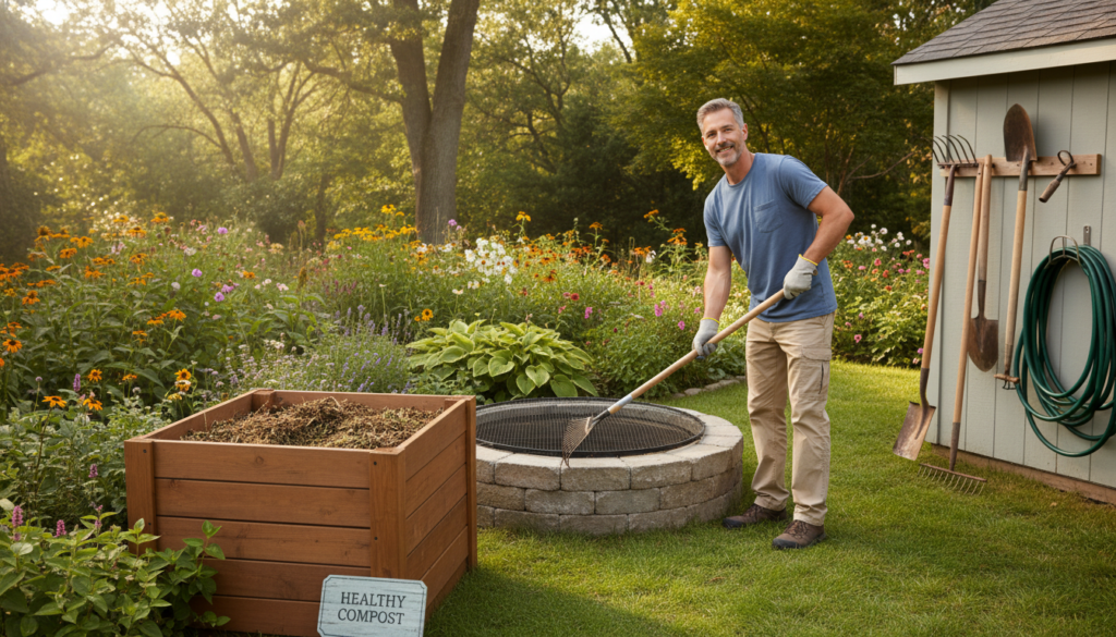 A clean, well-maintained backyard scene illustrating effective cleaning and maintenance practices to prevent odors and insects. In the foreground, a smiling professional in modest casual clothing is using a garden rake and wearing gloves while inspecting a compost pile. In the middle ground, a freshly cleaned waste pit and arranged garden tools suggest ongoing maintenance. The background features a vibrant garden with blooming flowers and greenery, with sunlight filtering through the leaves, creating a warm, inviting atmosphere. The image should have a bright, natural lighting effect, captured from a slightly elevated angle to provide depth and clarity to the scene. The overall mood conveys a sense of tranquility and cleanliness, emphasizing the importance of regular upkeep. A clean, well-maintained backyard scene illustrating effective cleaning and maintenance practices to prevent odors and insects. In the foreground, a smiling professional in modest casual clothing is using a garden rake and wearing gloves while inspecting a compost pile. In the middle ground, a freshly cleaned waste pit and arranged garden tools suggest ongoing maintenance. The background features a vibrant garden with blooming flowers and greenery, with sunlight filtering through the leaves, creating a warm, inviting atmosphere. The image should have a bright, natural lighting effect, captured from a slightly elevated angle to provide depth and clarity to the scene. The overall mood conveys a sense of tranquility and cleanliness, emphasizing the importance of regular upkeep.