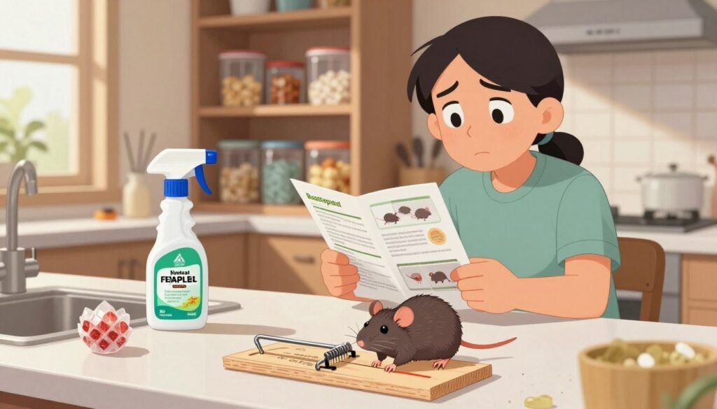 A close-up view of effective methods for eliminating rat infestations in a cozy domestic setting. In the foreground, display various pest control tools such as a humane trap, a spray bottle of natural repellent, and pest deterrent crystals arranged on a clean kitchen counter. The middle ground features a concerned yet focused homeowner dressed in modest casual clothing, examining a pamphlet about pest control strategies. In the background, a well-organized pantry with sealed food containers and strategically placed deterrents communicates a sense of cleanliness and prevention. Soft, natural lighting from a window casts gentle shadows, creating an atmosphere of hope and action against the infestation. A close-up view of effective methods for eliminating rat infestations in a cozy domestic setting. In the foreground, display various pest control tools such as a humane trap, a spray bottle of natural repellent, and pest deterrent crystals arranged on a clean kitchen counter. The middle ground features a concerned yet focused homeowner dressed in modest casual clothing, examining a pamphlet about pest control strategies. In the background, a well-organized pantry with sealed food containers and strategically placed deterrents communicates a sense of cleanliness and prevention. Soft, natural lighting from a window casts gentle shadows, creating an atmosphere of hope and action against the infestation.