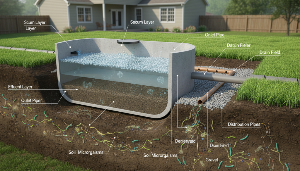 A detailed diagram of a septic system's biological process, showcasing the inner workings of a septic tank. In the foreground, include layers of soil, showing bacteria and microorganisms actively treating wastewater. The middle section should feature the tank itself, with clear water levels and visible solid waste separation. Portray pipes leading to a drain field in lush green grass, illustrating proper drainage. In the background, depict a suburban backyard with a home partially visible, emphasizing the setting. Soft, natural lighting casts gentle shadows, giving a calm atmosphere. Use a slight overhead angle to capture the entire system efficiently, ensuring all components are visible without overcrowding the image. Aim for clarity, professionalism, and an informative tone.
