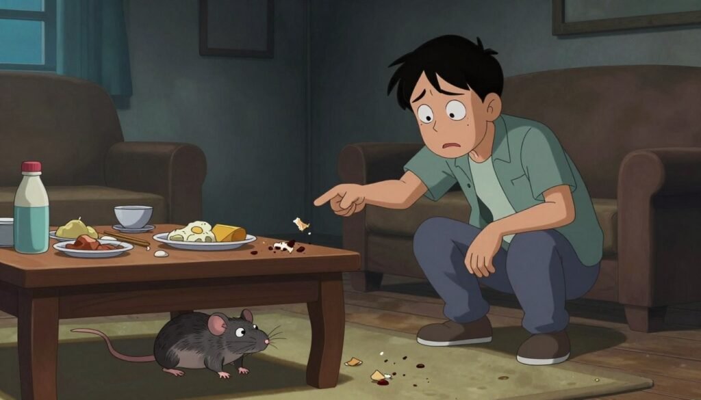 A detailed living room scene illustrating the health risks associated with the presence of rats. In the foreground, a traditional wooden table is cluttered with food items carelessly left out, with a small, cartoonish rat peeking out from under the table. In the middle ground, a concerned figure in modest casual clothing is crouching, pointing at droppings and gnawed items, looking distressed. The background displays a dimly lit environment with shadows, enhancing a sense of unease, while a faint glimmer of light from a nearby window casts an eerie glow. The overall mood is tense and alarming, emphasizing the public health implications of rodent infestations. A detailed living room scene illustrating the health risks associated with the presence of rats. In the foreground, a traditional wooden table is cluttered with food items carelessly left out, with a small, cartoonish rat peeking out from under the table. In the middle ground, a concerned figure in modest casual clothing is crouching, pointing at droppings and gnawed items, looking distressed. The background displays a dimly lit environment with shadows, enhancing a sense of unease, while a faint glimmer of light from a nearby window casts an eerie glow. The overall mood is tense and alarming, emphasizing the public health implications of rodent infestations.