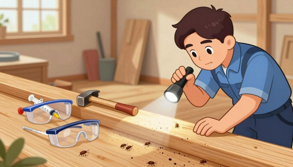A detailed step-by-step illustration of how to eliminate termites in wooden surfaces. In the foreground, show a professional pest control technician in smart casual attire, carefully inspecting a wooden beam with a flashlight. The middle ground features various tools such as a syringe filled with termite treatment, a small hammer, and safety goggles laid out methodically, demonstrating a precise application process. In the background, depict a workshop or home environment with exposed timber structures, subtle signs of termite damage, and natural light streaming through a window, creating an atmosphere of diligent work. The overall mood is focused and professional, emphasizing a systematic approach to pest control. A detailed step-by-step illustration of how to eliminate termites in wooden surfaces. In the foreground, show a professional pest control technician in smart casual attire, carefully inspecting a wooden beam with a flashlight. The middle ground features various tools such as a syringe filled with termite treatment, a small hammer, and safety goggles laid out methodically, demonstrating a precise application process. In the background, depict a workshop or home environment with exposed timber structures, subtle signs of termite damage, and natural light streaming through a window, creating an atmosphere of diligent work. The overall mood is focused and professional, emphasizing a systematic approach to pest control.