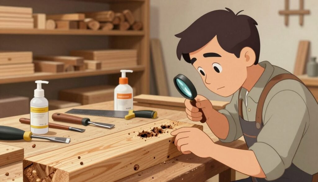 A detailed workshop scene focused on the restoration of infested wood. In the foreground, a craftsman in modest casual clothing examines a beam of wood with visible termite damage, using a small magnifying glass to inspect the intricate tunnels. The middle ground showcases various tools such as chisels, a saw, and treatment solutions for wood restoration, arranged neatly on a workbench. In the background, shelves are lined with cured and treated wooden pieces, reflecting the successful recovery process. Soft, warm lighting illuminates the scene, creating an inviting and dedicated atmosphere. The focus is sharp on the craftsman and wood, with a shallow depth of field that gently blurs the background to emphasize the meticulous work being done. A detailed workshop scene focused on the restoration of infested wood. In the foreground, a craftsman in modest casual clothing examines a beam of wood with visible termite damage, using a small magnifying glass to inspect the intricate tunnels. The middle ground showcases various tools such as chisels, a saw, and treatment solutions for wood restoration, arranged neatly on a workbench. In the background, shelves are lined with cured and treated wooden pieces, reflecting the successful recovery process. Soft, warm lighting illuminates the scene, creating an inviting and dedicated atmosphere. The focus is sharp on the craftsman and wood, with a shallow depth of field that gently blurs the background to emphasize the meticulous work being done.