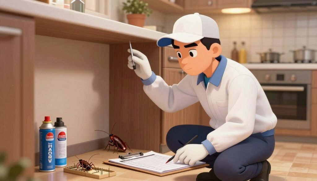 A professional pest control technician wearing a clean uniform is inspecting a dimly lit residential kitchen, focusing on the corners and under cabinets, showcasing their expertise in cockroach control. The foreground features a clipboard with checklists and pest control equipment such as traps and spray cans, symbolizing meticulous monitoring. In the middle ground, a subtle silhouette of a cockroach can be seen hiding, while in the background, soft, warm lighting highlights the home environment, creating a contrast between comfort and pest issues. The mood is serious yet hopeful, illustrating the importance of effective pest control in maintaining a safe home. The angle captures the technician's attentive demeanor, emphasizing their role in ensuring a pest-free living space.