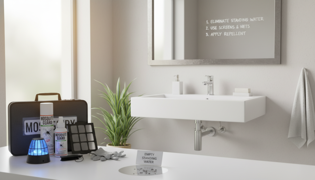 A professional setting featuring a clean, well-organized bathroom space that showcases effective mosquito control tips. In the foreground, a neatly arranged toolkit with pest control products like sprays and traps. The middle ground includes a stylish sink and plumbing fixtures, with subtle hints of mosquito-infested areas visible, like a drain with tiny insects. The background consists of a softly lit mirror reflecting the clean bathroom atmosphere, emphasizing hygiene and order. Natural light filters in through a frosted window, creating a bright, inviting environment. The overall mood is informative yet approachable, perfectly illustrating professional pest control advice in a modern setting. A professional setting featuring a clean, well-organized bathroom space that showcases effective mosquito control tips. In the foreground, a neatly arranged toolkit with pest control products like sprays and traps. The middle ground includes a stylish sink and plumbing fixtures, with subtle hints of mosquito-infested areas visible, like a drain with tiny insects. The background consists of a softly lit mirror reflecting the clean bathroom atmosphere, emphasizing hygiene and order. Natural light filters in through a frosted window, creating a bright, inviting environment. The overall mood is informative yet approachable, perfectly illustrating professional pest control advice in a modern setting.