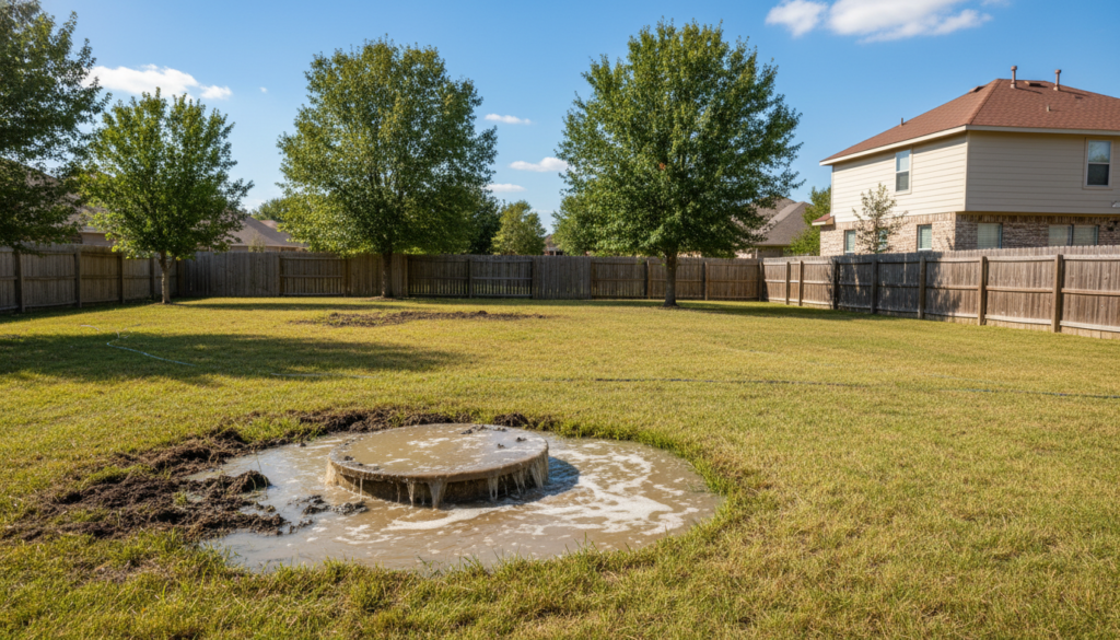 A septic tank overflowing in a backyard, showcasing a problematic scenario. The foreground features the tank with muddy water spilling over, creating a small puddle on the grass. In the middle, there are patches of grass turning brown due to the contamination, with some tilled soil nearby. The background depicts a sunny suburban setting with a blue sky and a few trees, emphasizing the stark contrast between nature and the disruptive incident. Soft, natural lighting filters through the trees, casting gentle shadows. The mood feels urgent yet informative, as the scene highlights the need for immediate action in a domestic environment, focusing on the consequences of an overflowing septic system.