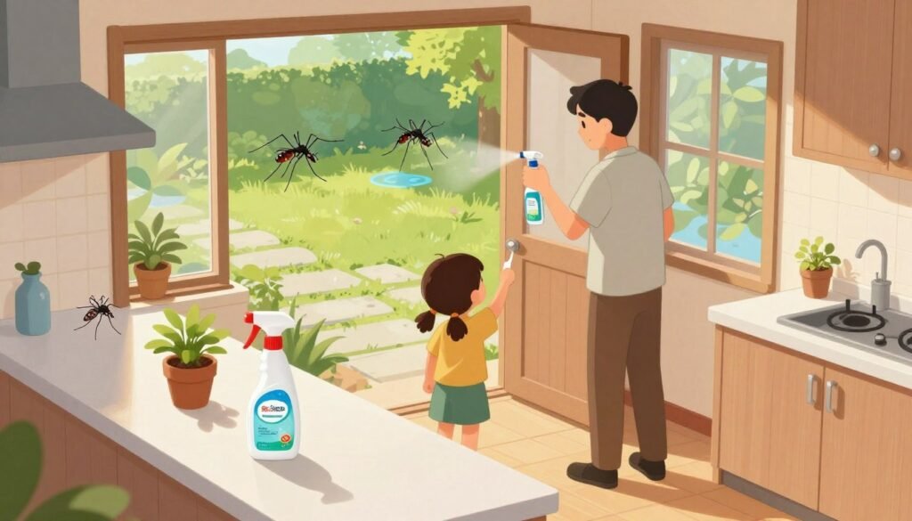 A serene domestic setting illustrating measures to prevent mosquito infestations. In the foreground, a clean, well-organized kitchen features a bottle of insect repellent spray and a small potted plant known to repel mosquitoes. In the middle, a family member, dressed in casual yet professional attire, is spraying the repellent around windows and doors. The background shows a well-maintained backyard with standing water removed, complemented by natural greenery. Soft, warm lighting creates a welcoming atmosphere, highlighting the importance of home care. The angle is slightly above eye level, capturing the family's proactive stance against mosquitoes. The mood is safe and communicative, emphasizing practical prevention steps. A serene domestic setting illustrating measures to prevent mosquito infestations. In the foreground, a clean, well-organized kitchen features a bottle of insect repellent spray and a small potted plant known to repel mosquitoes. In the middle, a family member, dressed in casual yet professional attire, is spraying the repellent around windows and doors. The background shows a well-maintained backyard with standing water removed, complemented by natural greenery. Soft, warm lighting creates a welcoming atmosphere, highlighting the importance of home care. The angle is slightly above eye level, capturing the family's proactive stance against mosquitoes. The mood is safe and communicative, emphasizing practical prevention steps.