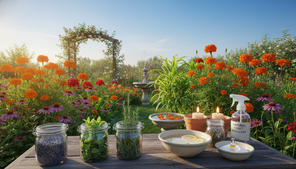 A vibrant and inviting garden scene focusing on natural methods for controlling insects and odors. In the foreground, a wooden table displays an assortment of homemade pest deterrents: glass jars filled with herbs like lavender and mint, bowls of vinegar and baking soda, and a spray bottle labeled 'Natural Insect Repellent'. In the middle, a lush garden filled with colorful flowers and plants, interspersed with natural repellents like citronella candles and marigolds. In the background, a bright, sunny sky casts a warm light on the scene, enhancing the cheerful and fresh atmosphere. The angle is slightly elevated, showcasing the various elements cohesively, evoking a sense of harmony between nature and home remedies. A vibrant and inviting garden scene focusing on natural methods for controlling insects and odors. In the foreground, a wooden table displays an assortment of homemade pest deterrents: glass jars filled with herbs like lavender and mint, bowls of vinegar and baking soda, and a spray bottle labeled 'Natural Insect Repellent'. In the middle, a lush garden filled with colorful flowers and plants, interspersed with natural repellents like citronella candles and marigolds. In the background, a bright, sunny sky casts a warm light on the scene, enhancing the cheerful and fresh atmosphere. The angle is slightly elevated, showcasing the various elements cohesively, evoking a sense of harmony between nature and home remedies.