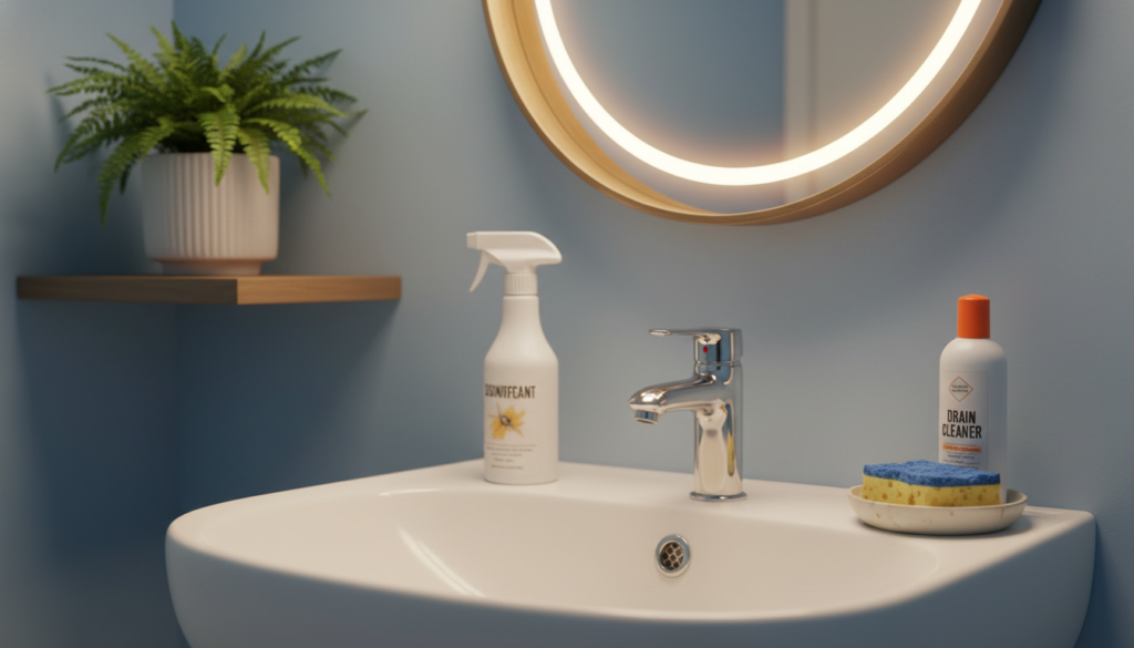 A well-lit bathroom interior showcasing preventive measures against pests, particularly focusing on preventing drain flies. In the foreground, there are neatly arranged hygiene products such as a bottle of disinfectant, a small container of drain cleaner, and a colorful sponge, emphasizing cleanliness. In the middle ground, a clean sink with a polished mirror reflects the bright overhead lighting, creating an inviting atmosphere. The background features a potted plant on a shelf, adding a touch of freshness and life. Soft, warm lighting enhances the overall ambiance, casting gentle shadows to create depth. The scene conveys a sense of care and daily maintenance, illustrating effective prevention methods in a comfortable, welcoming bathroom setting. A well-lit bathroom interior showcasing preventive measures against pests, particularly focusing on preventing drain flies. In the foreground, there are neatly arranged hygiene products such as a bottle of disinfectant, a small container of drain cleaner, and a colorful sponge, emphasizing cleanliness. In the middle ground, a clean sink with a polished mirror reflects the bright overhead lighting, creating an inviting atmosphere. The background features a potted plant on a shelf, adding a touch of freshness and life. Soft, warm lighting enhances the overall ambiance, casting gentle shadows to create depth. The scene conveys a sense of care and daily maintenance, illustrating effective prevention methods in a comfortable, welcoming bathroom setting.