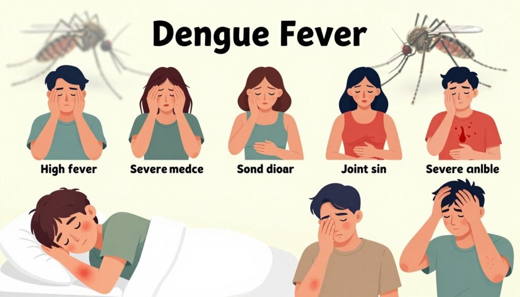 An educational illustration depicting the symptoms and phases of dengue fever. In the foreground, show diverse individuals experiencing various symptoms: a person with a fever lying in bed, another with a rash on their arm, and someone holding their head in discomfort. In the middle layer, represent different stages of the disease with visual labels: initial symptoms like high fever, severe headache, and joint pain; followed by advanced symptoms including bleeding and severe abdominal pain. In the background, create a subtle, blurred image of a mosquito, emphasizing the disease's vector. Use soft, natural lighting to create a serious yet informative mood, with a focus on maintaining a clean and clear composition. An educational illustration depicting the symptoms and phases of dengue fever. In the foreground, show diverse individuals experiencing various symptoms: a person with a fever lying in bed, another with a rash on their arm, and someone holding their head in discomfort. In the middle layer, represent different stages of the disease with visual labels: initial symptoms like high fever, severe headache, and joint pain; followed by advanced symptoms including bleeding and severe abdominal pain. In the background, create a subtle, blurred image of a mosquito, emphasizing the disease's vector. Use soft, natural lighting to create a serious yet informative mood, with a focus on maintaining a clean and clear composition.